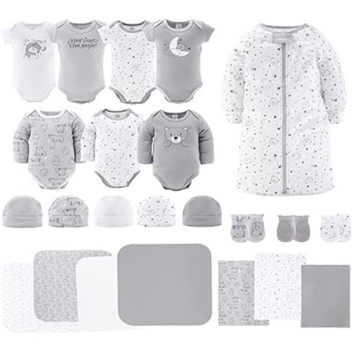 The Peanutshell Baby Layette Gift Set for Baby Girls - 23 Piece New Born Girl Gift Set, Clothes & Newborn Essentials Must Haves - Girl Clothes 0-3 Months - Grey Celestial & Bear