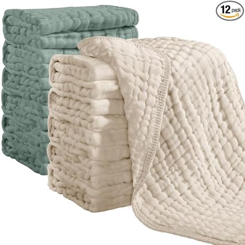 Looxii Muslin Burp Cloths 100% Cotton Muslin Cloths 12 Pack Large 20''x10'' Extra Soft and Absorbent Baby Burping Cloth for Boys and Girls (Apricot+DarkGreen)