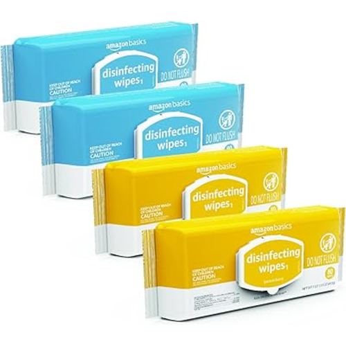 Amazon Basics Disinfecting Wipes, Lemon & Fresh Air Scent, Sanitizes/Cleans/Disinfects/Deodorizes, 320 Count (4 Packs of 80)