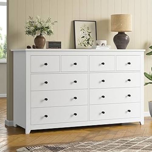 White Dresser for Bedroom with 10 Spacious Drawers Large Wood Dresser TV Stand for Bedroom Modern Chest of Drawers for Living Room Hallway Entryway, Smooth Slide, 15.7" D x 52" W x 36.5" H