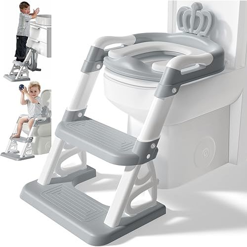 Potty Training Seat,Toddler Step Stool Ladder 2 in 1 Potty Training Toilet for Kids Boys Girls,Comfortable Foldable Potty Seat,Splash Guard,Adjustable Ladder,Safe Handles (Grey)