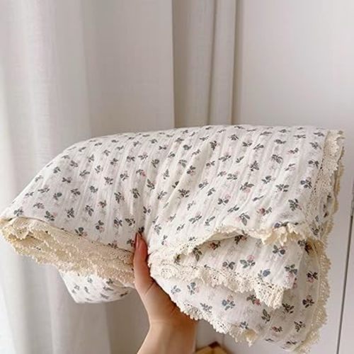 BuLuTu Pink Bellflower Print Muslin Cotton Quilted Blanket for Girls Boys Lightweight Soft Crib Blankets Toddler Comforter for Toddlers Kids Children, All Seasons, 47x59 Inches