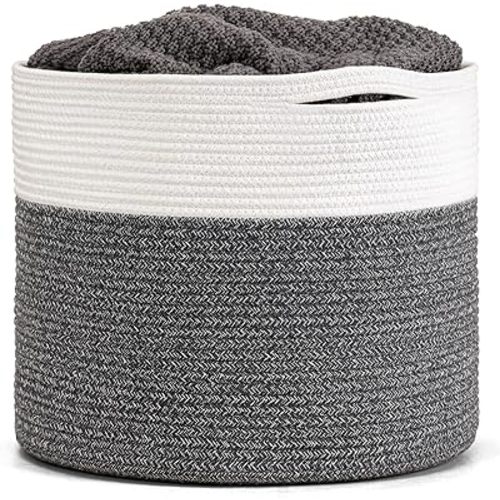 Goodpick Large Cotton Rope Basket 15.8"x15.8"x13.8"-Baby Laundry Basket Woven Blanket Basket Nursery Bin, Gray