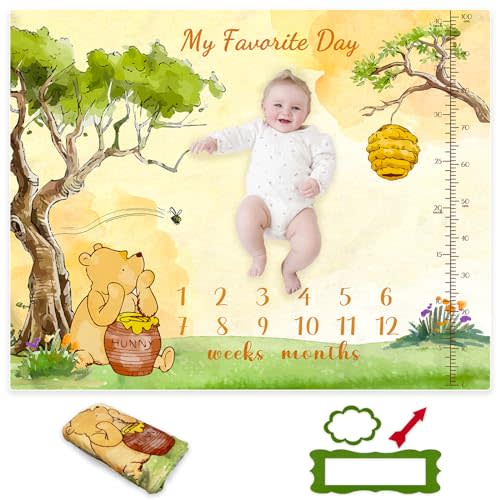 E.Tnal Classic Winnie Baby Monthly Milestone Blanket - Growth Chart Design Milestone Blanket for Baby Boy Girl- Winnie Blanket Baby Stuff Nursery Decor 47"x40"