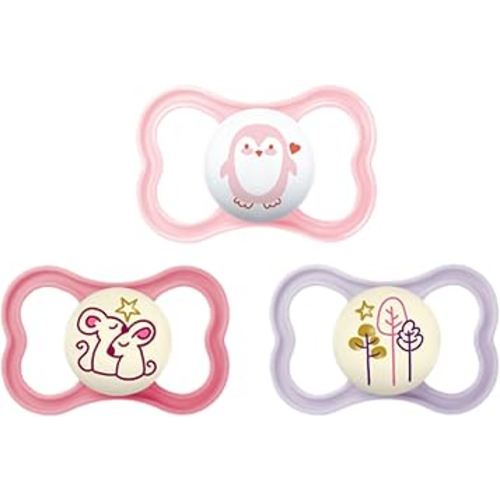 MAM Air Night & Day Baby Pacifier, for Sensitive Skin, Glows in The Dark, 3 Pack, 6-16 Months, Girl