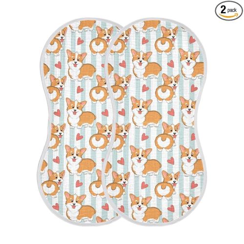 Muslin Baby Burp Cloths, Puppy Corgi Dogs Stripes Muslin Washcloths Baby Rags Comfy Soft Absorbent in for Newborn Boys and Girls 2 Piece 22 x 11 Inch