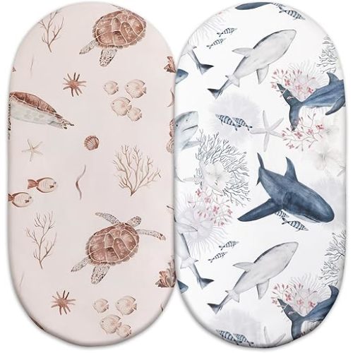 Gllquen Baby Bassinet Sheets 2 Pack, Breathable Cozy Fitted Mattress Sheet, Elastic Travel Crib Fashionable Floral Pattern, Standard Cradle Safe Sheets for Baby Boy Girls 32"X16" (Sea Turtle)
