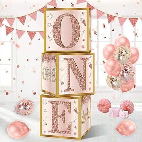 3Pcs 1st Birthday Boxes & Decor - Pink Rose Gold Miss Onederful Balloons, One Year Old Girl Birthday Theme Cardboard Box Decor