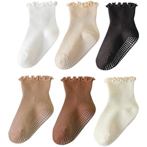 6 Pairs Toddler Ruffle Socks for Girls - Baby Grip Socks with Non-Slip, Cute Grippy Frilly Design