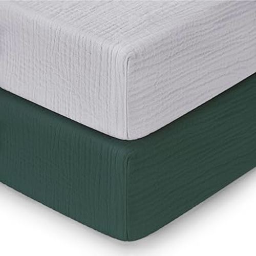 Pro Goleem 2 Pack Muslin Crib Sheets for Boys and Girls, Soft Breathable Neutral Fitted Cotton Baby Bed Sheets Set for Standard Crib Mattress & Toddler Mattress 52"x28", (Grey&Green)