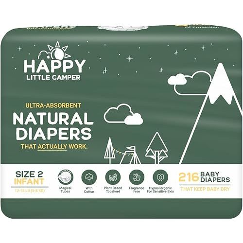 Happy Little Camper Ultra-Absorbent Natural Baby Diapers Size 2 - Hypoallergenic & Chlorine-Free Disposable Diapers Safe for Sensitive Skin - Unscented Infant Diapers - 216 Count