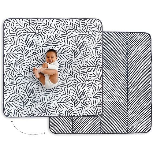 Toddlekind Pretty Practical Mat 100% Organic Cotton 47" x 47”, Reversible, Portable, Travel, Portable, Indoor/Outdoor, for Babies/Toddlers, Sandy Lines-Ocean Leaves-Charcoal (Grey/Black)