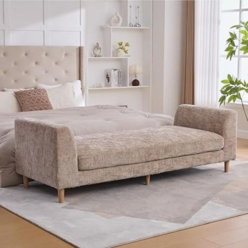 Mlmh & Kngwa 83.1" W Upholstered End of Bed Bench King Size Bedroom Bench Seat with 2 Removable Pillows Benches for Living Room Entryway, Wheat
