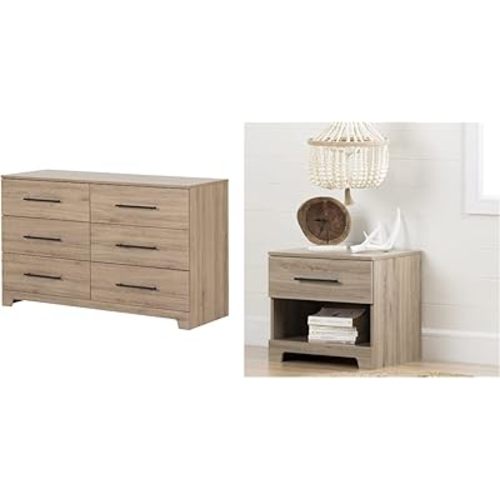 South Shore Primo 6-Drawer Double Dresser, Rustic Oak & Primo 1-Drawer Nightstand, Rustic Oak