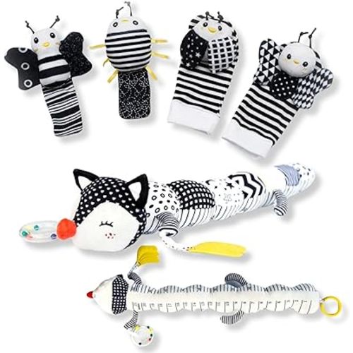 BABY K Baby Rattle Socks & Wrist Toys (Set E) and Musical Stuffed Fox Caterpillar Bundle - Newborn Baby Toys for 0-12 Months - Sensory Tummy Time Musical Rattle Toys with Contrast Design