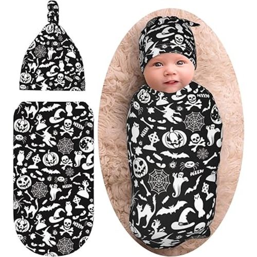 Halloween Goth Newborn Swaddle Blanket Baby Stuff Gothic Baby Swaddling Blanket with Beanie Set Soft Sleeping Sack for Unisex Girls Boys