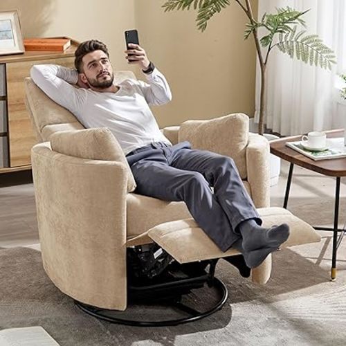Manual Recliner 360°Swivel Glider Rocking Chair,Upholstered Nursery Adult Rocker Glider Chair with 2 Pillows for Living Room Bedroom(Khaki, Manual Operation)