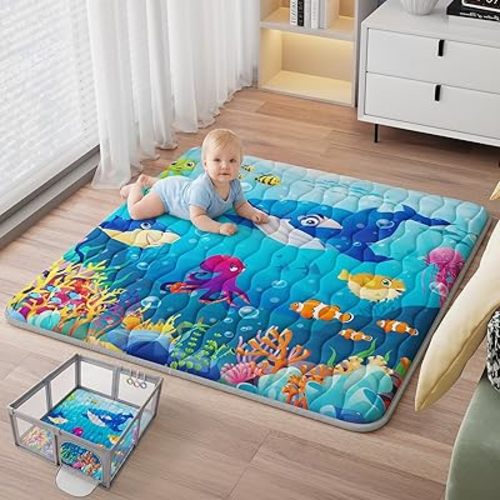 Baby Play Mat, 50x50 Thickened Playpen Mat, Waterproof & Non-Slip, Foldable Play Mat for Floor, Machine Washable Crawling Mats for Infants & Toddlers, Floor Activity and Playing & Learning, Sea World