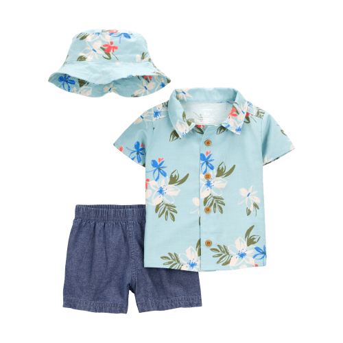 Baby 3-Piece Tropical Button-Down Shirt & Chambray Short Set - Carter's | Carter's
