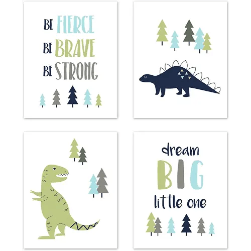 Sweet Jojo Designs Blue and Green Dream Big Dino Wall Art Prints Room Decor for Baby, Nursery, and Kids for Mod Dinosaur Collection - Set of 4
