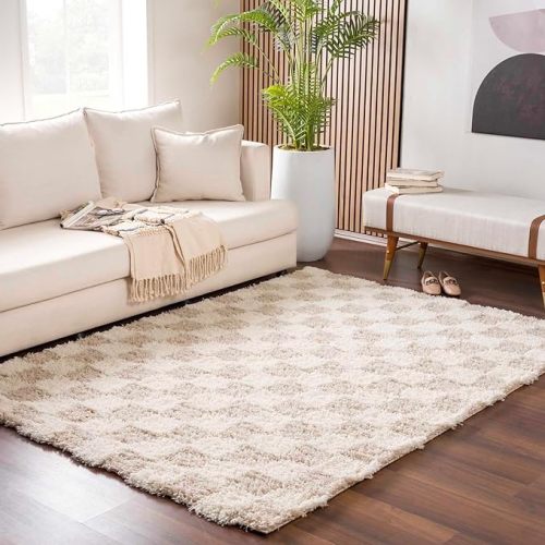 Hauteloom Atira Checkered Shag Area Rug - Checkboard Design - High Pile Fluffy Shaggy Touch - Square Tiles - Kids Room, Nursery, Living Room Shaggy Carpet - Beige, Cream, White - 5'3" x 7'3" - Cream, Light Beige, Light Brown / Atira