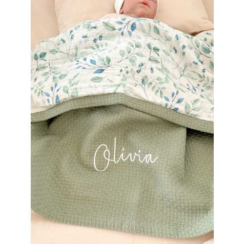 Green floral cotton baby waffle muslin blanket, swaddle, Personalised baby blanket gift, Babyshower gift, customized stroller blanket