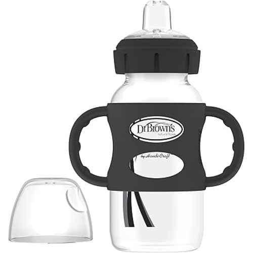 Dr. Brown's Milestones Wide-Neck Sippy Spout Bottle with 100% Silicone Handles, Easy-Grip Handles with Soft Sippy Spout, 9oz/270mL, Black, 1-Pack, 6m+