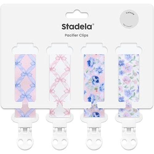 Baby Pacifier Clip Holder - Girl 4 Pack Gift Set – Vintage Floral French Granmillenial Ribbons Bows and Flowers in Pink and Blue