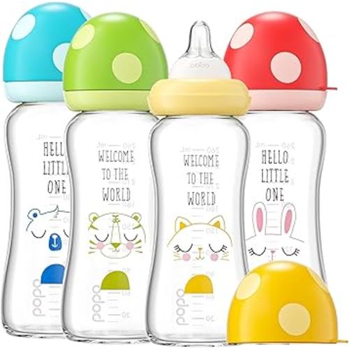 YOHKOH Natural Glass Baby Bottle with Natural Response Nipple, Newborn Anti-Colic Baby Bottles, Wide Neck Mushroom Cap Baby Bottle, Clear (8.8ounce (Pack of 4), Multicolour1)