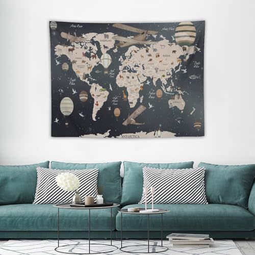 HZOHNAGO World Map Tapestry Cartoon Hot Air Balloon Travel Round the World Brown Map Pattern Printed Tapestry Wall Hanging for Bedroom Living Room Dorm 40" W x 30" H