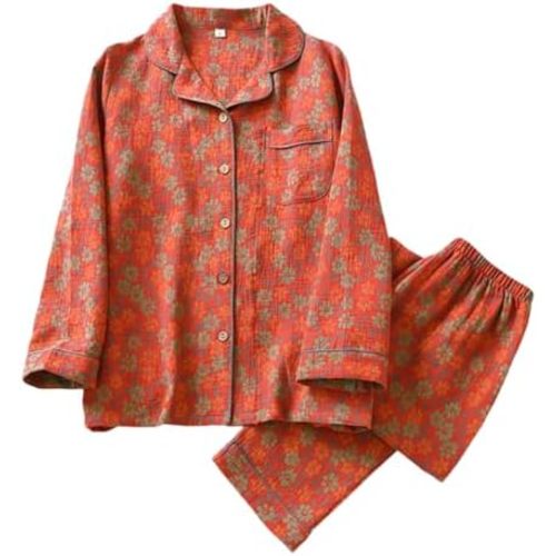 Vintage Leaf Cotton Lapel Loungewear Set, Ginkgo Leaf Button Colorful Floral Pure Pajama, Women's Pajama Two Piece Set