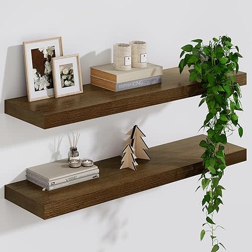 Solid Wood Floating Shelves For Wall, 24”W x 9”D x 1.56”H Large Wall Shelves for Living Room Bedroom Bathroom Kitchen Drcor Storage with Invisible Heavy-Duty Metal Bracket, Light Brown, Set of 2