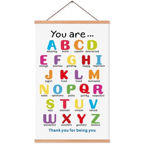 KAIRNE Colorful ABC Alphabet Art Print With Wood Magnetic Poster Hanger Frame, 28X45CM You Are Amazing Positive Affirmation Words Canvas Wall Art For Home School Classroom Room Decor
