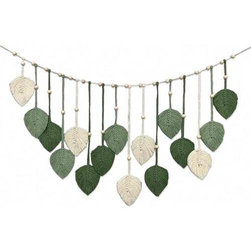 Nature-Inspired Macrame Leaf Wall Hanging, Handcrafted Green Tapestry Boho Home Decor, Bohemian Art Nursery Living Room Bedroom Backdrop Chic Decoration (Green Off White 47.2“ x 30“)