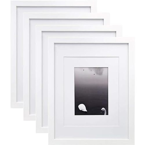 Egofine 11x14 Picture Frames Made of Solid Wood 4 PCS White Covered by Plexiglass - for Table Top and Wall Mounting for Pictures 8x10 or 5x7 with Mat Horizontally or Vertically Display Photo Frame