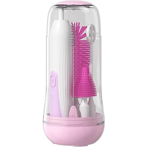 Travel Electric Baby Bottle Brush Set with Electric Bottle Cleaner and Water Bottle Brush and Nipple/Straw Brush,Milk Frother and Drying Rack(Purple)