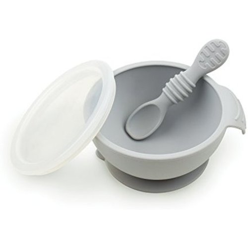 Bumkins Suction Silicone Baby Feeding Set, Bowl, Lid, Spoon, BPA-Free, First Feeding, Baby Led Weaning - Gray - 1 Count - Gray-FF