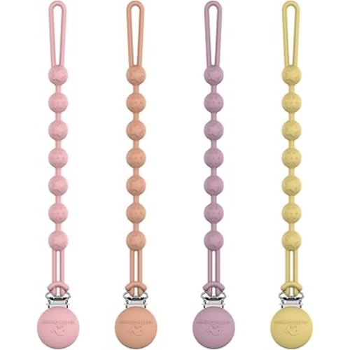 Cuddle Campus Silicone Pacifier Clip Holder with One Piece Design, Pack of 4 Soft Flexible Binky Clips with Texture for Baby Boy and Girl (6M+)