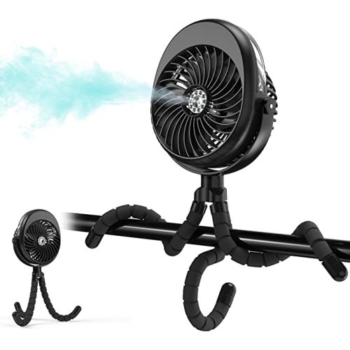 COMLIFE 2022 Updated Misting Baby Stroller Fan, 270° & 360° Pivoting Portable Battery Operated USB Handheld with Flexible Tripod Clip on Car Seat Crib Bike Treadmill Bunk Bed, Black