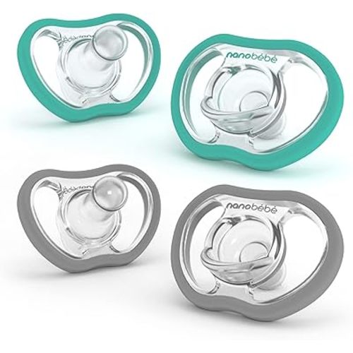 Nanobebe Active Baby Pacifiers 4-36 Months - Orthodontic, Lightweight and Vented, Curves Comfortably with Face Contour, 100% Silicone - BPA Free, Perfect Baby Registry Gift 4pk, Teal/Grey