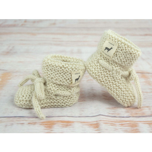 100% Alpaca Baby Booties for 0-6 month old baby handknit in ivory organic Peruvian wool. Perfect new mom baby shower gift. Ready to ship!