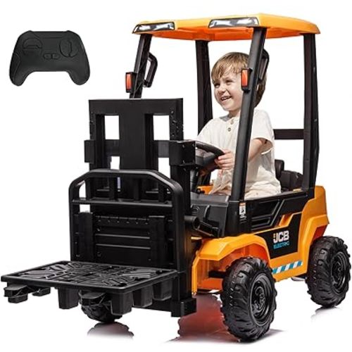 12V Kids Forklift Ride on Car, Licensed JCB Battery Powered Electric Ride On Construction Car with Liftable Fork, Remote Control, Seat Belt, Spring Suspension, Yellow