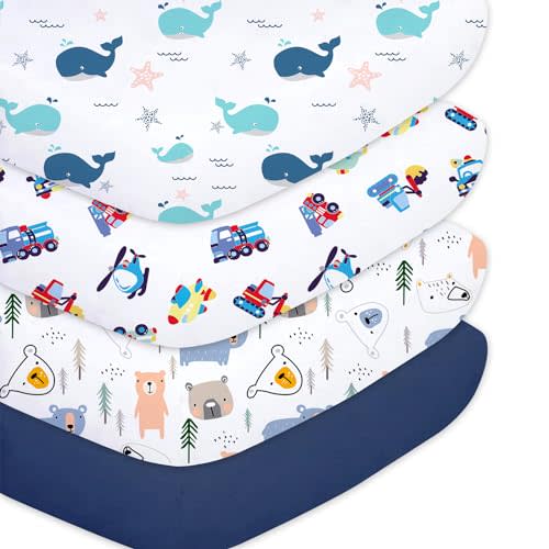 Plushii 4 Pack Fitted Crib Sheets for Baby Boys, 28"x 52" Extra Soft Microfiber Crib Sheet Set for Standard Crib & Toddler Mattress Pad, Whale & Toy & Little Bear & Navy Blue