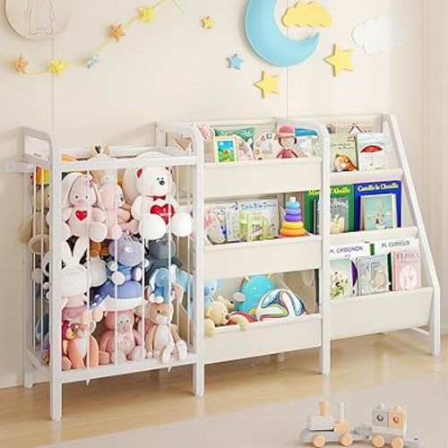 B2 Kids Bookshelf and Toy Storage, 3-Tier Book Shelf for Kids Rooms, Sling Toddler Book Shelves with Stuffed Animal Storage, Montessori Baby Bookcase for Nursery, Bedroom, Playroom, White