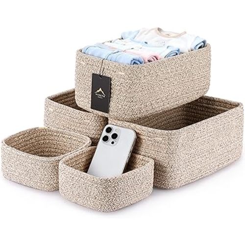 5-Pack Small Woven Rope Storage Baskets – 2 Sizes Organizer Bins for Closet, Shelf, Bookshelf, Nursery, Changing Table, Fabric Cube Boxes, Rectangular Shallow Bins for Bathroom, Toy & Home