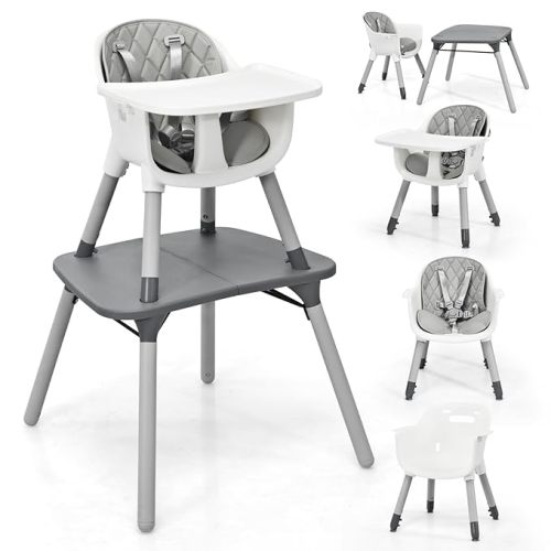HONEY JOY 5-in-1 High Chair, Convertible Highchair for Babies and Toddlers/Kids Chair Table Set/Infant Feeding Chair w/Safety Harness, PU Leather Cushion & Removable Food Tray (Gray)