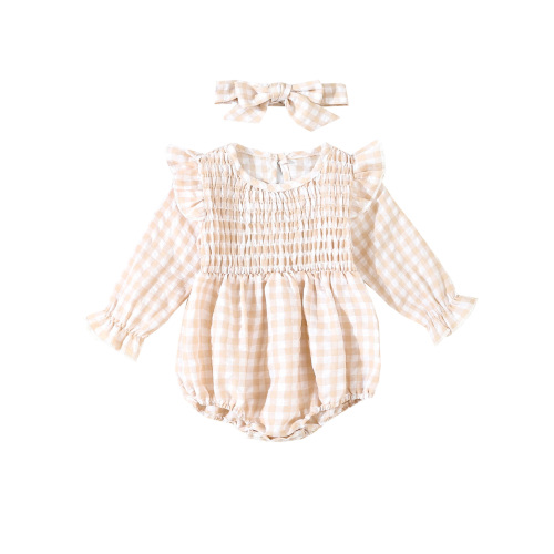 Binshrliy Baby Girl Spring Autumn Sweatshirt Rompers Plaid Long Sleeve Bodysuits + Headband 3M 6M 12M 18M Infant Fall Casual One Piece Short Jumpsuit
