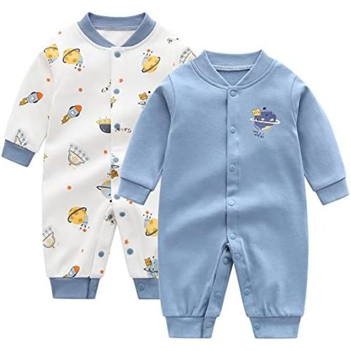 Newborn Baby Boys 2 Pack Cotton Romper Outfits Infant Long Sleeve One-Piece Toddler Button Jumpsuits