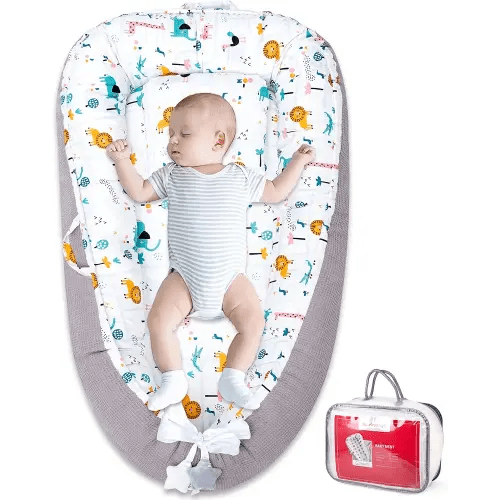 Baby Nest Lounger Pillow for Newborn, Cover Ultra Soft 100% Waffle Organic Cotton for 0-24 Months, Adjustable Breathable & Portable Infant Snuggle (Deluxe Lion)