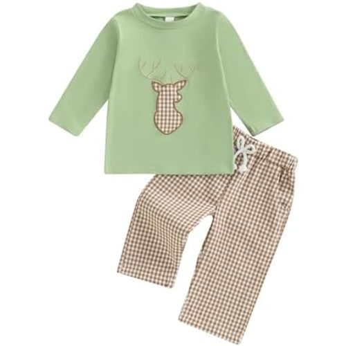 Toddler Boy Hunting Clothes Long Sleeve Reindeer Embroidery Crewneck Shirt and Plaid Pants Baby Boy Hunting Outfit